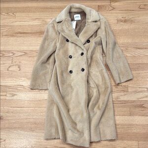 Zara Coat Sherpa Long Tan Teddy with Classic Double-Breasted Design